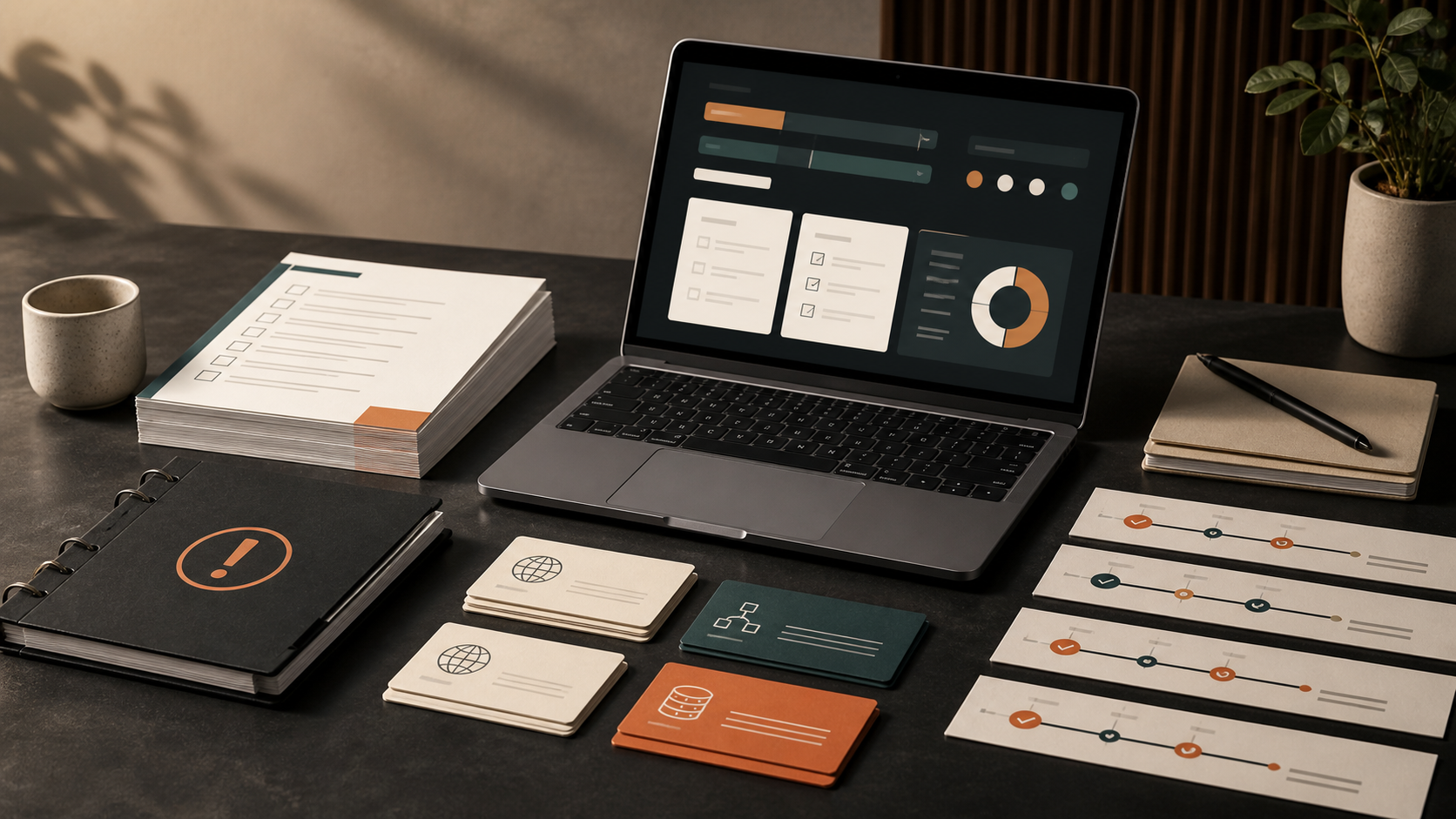 A digital product launch workspace with a laptop, planning materials, and product cards
